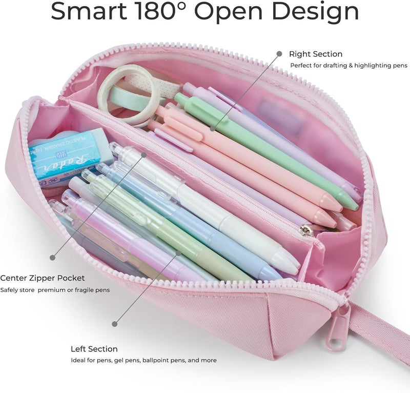Ralnitote Store Large Pencil Case with 180° Open Design, Big Capacity Pen Bag for Girls & Boys, Aesthetic & Cute Pencil Pouch for School, Office, Makeup & Tech Accessories-Pink - Image 2